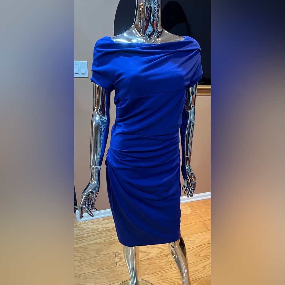 Escada Royal Blue Off-Shoulder Ruched Sheath Dress